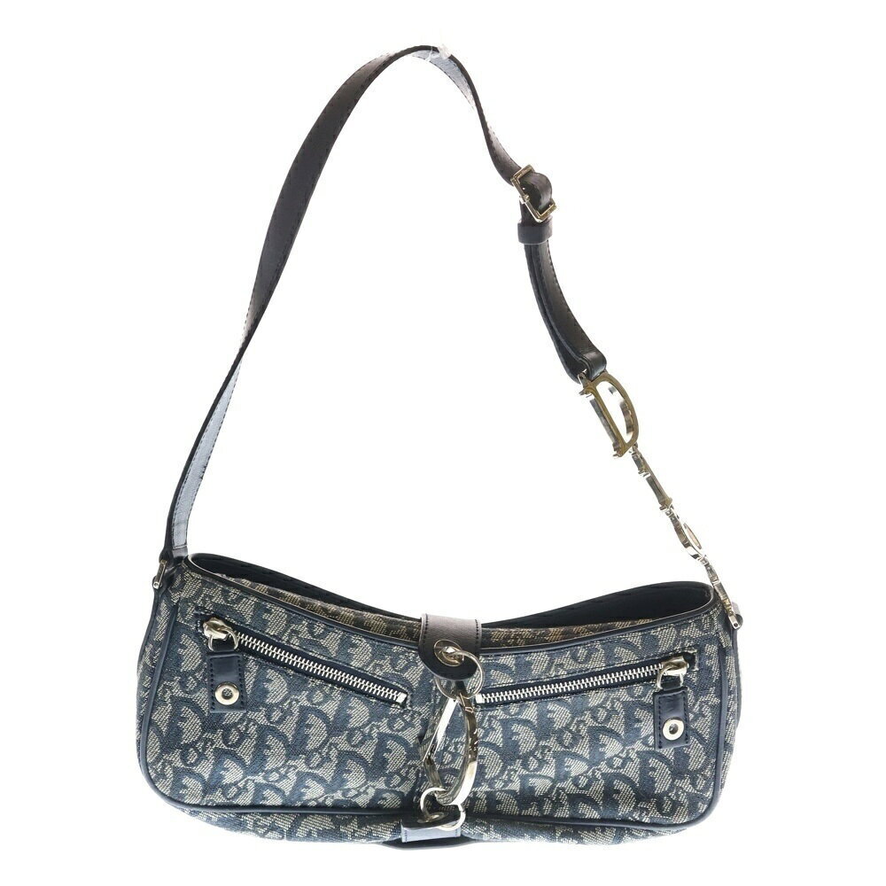 Christian Dior Trotter Shoulder Bag Navy Blue Leather Canvas